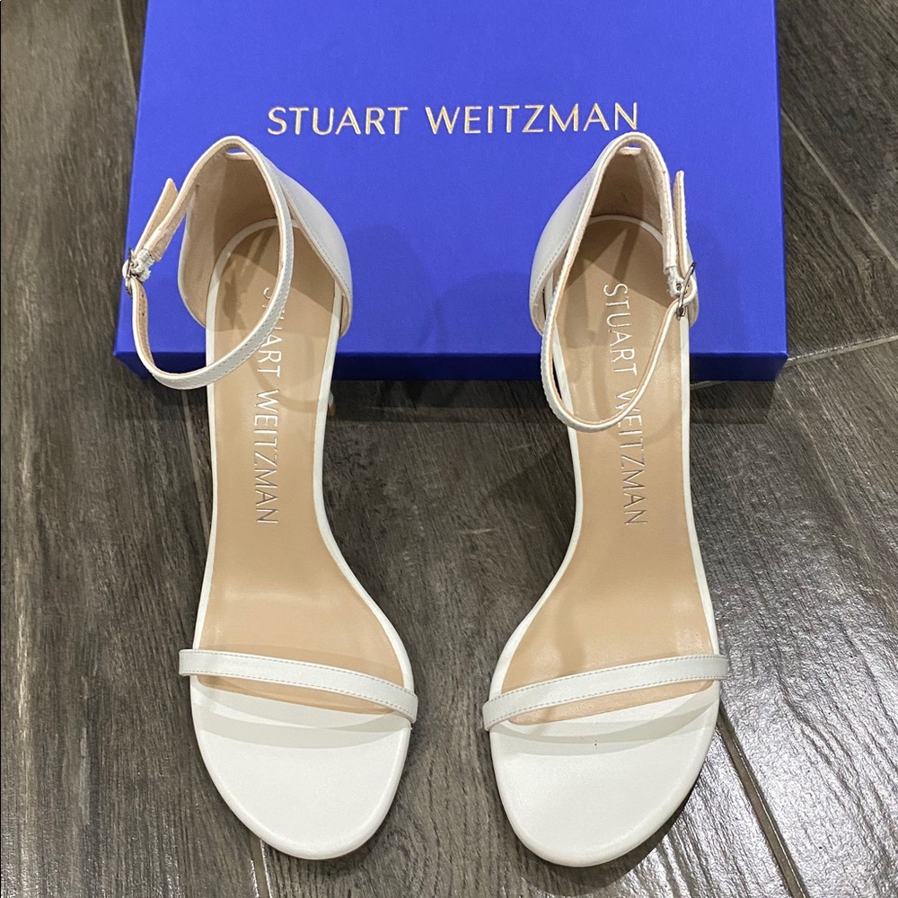 Stuart Weitzman White Open-Toe Ankle Strap Heels